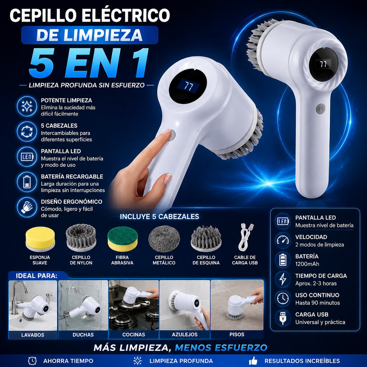 CEPILLO ELÉCTRICO DE LIMPIEZA 5 EN 1 CON PANTALLA LED